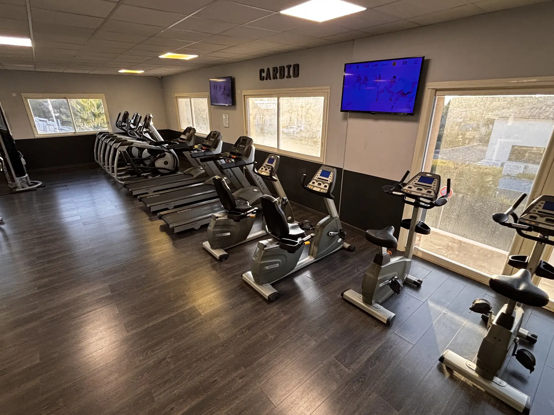 Appareils cardio installés le long des fenêtres du club